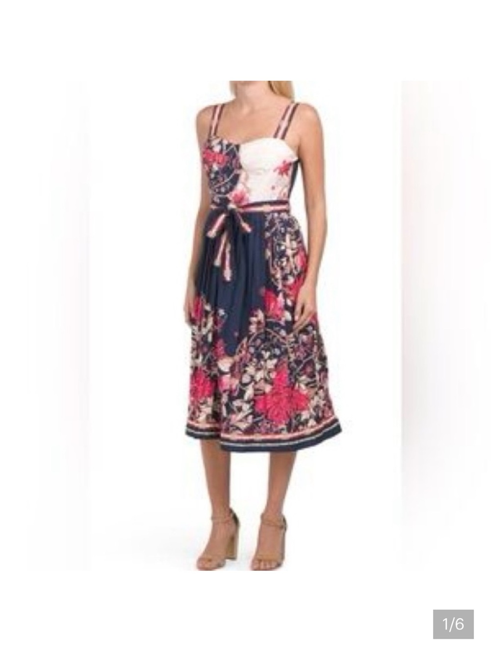 Spaghetti-Strap Floral Tie-Waist Midi Dress in Navy and Pink